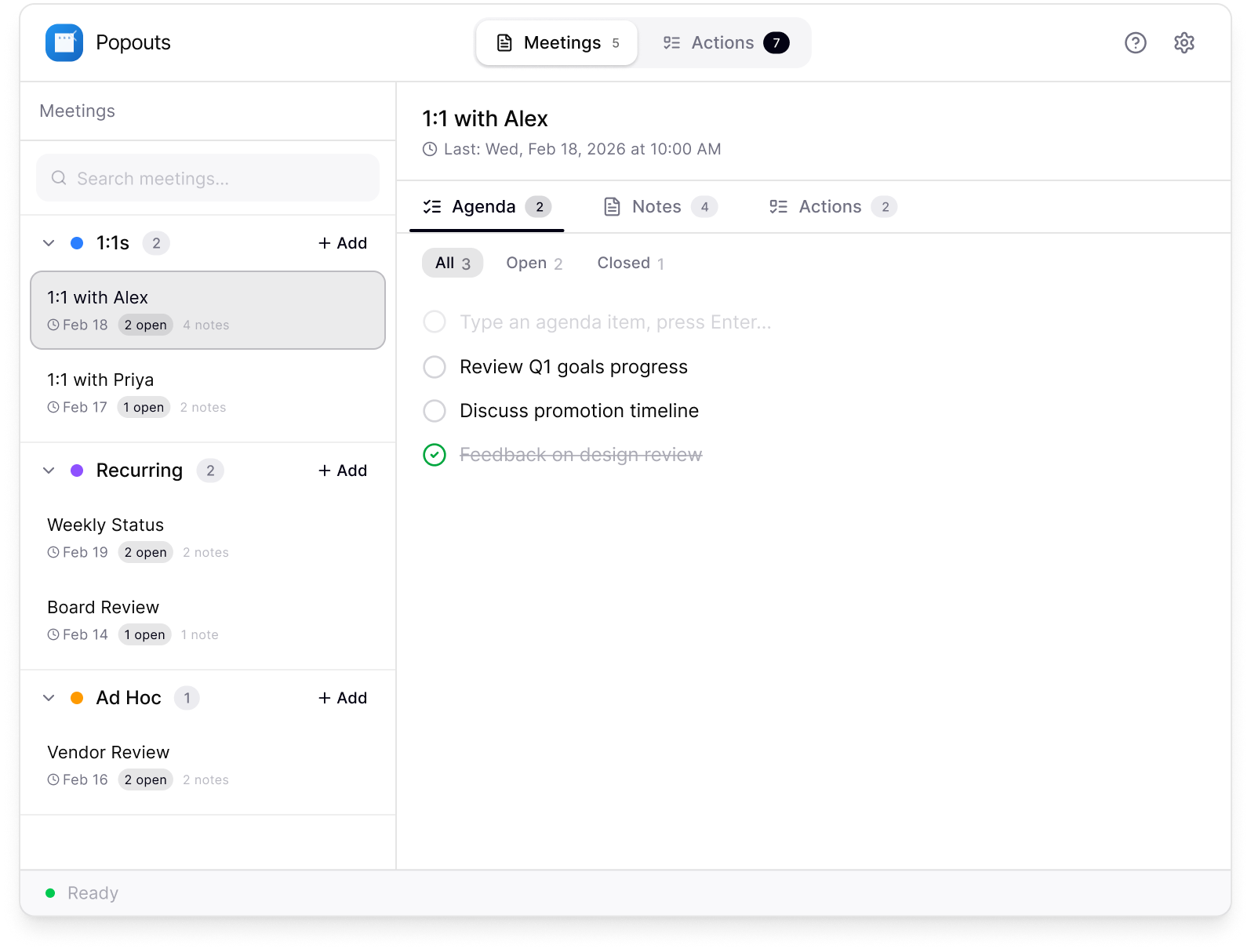 Popouts — copy meeting title with visual feedback